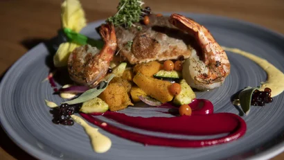 Garnelen und Fischfilet mit Gemüse und Saucen auf grauem Teller angerichtet