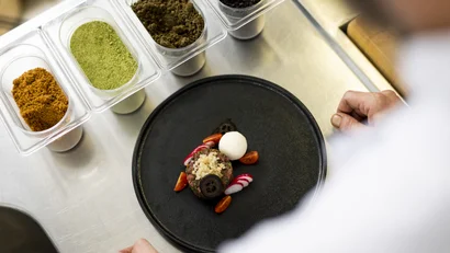 Koch bereitet ein kunstvoll angerichtetes Gericht auf schwarzem Teller zu