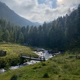 Bergwiese mit Bach, kleiner Holzbrücke und bewaldeten Hügeln im Sonnenschein